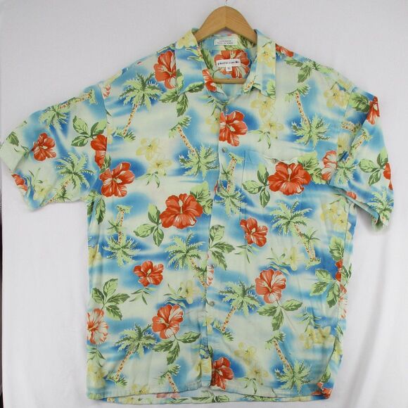 Vintage Pierre Cardin Hawaiian Button Up Shirt sz XL Men Blue Red Palms Hibiscus - Picture 6 of 7